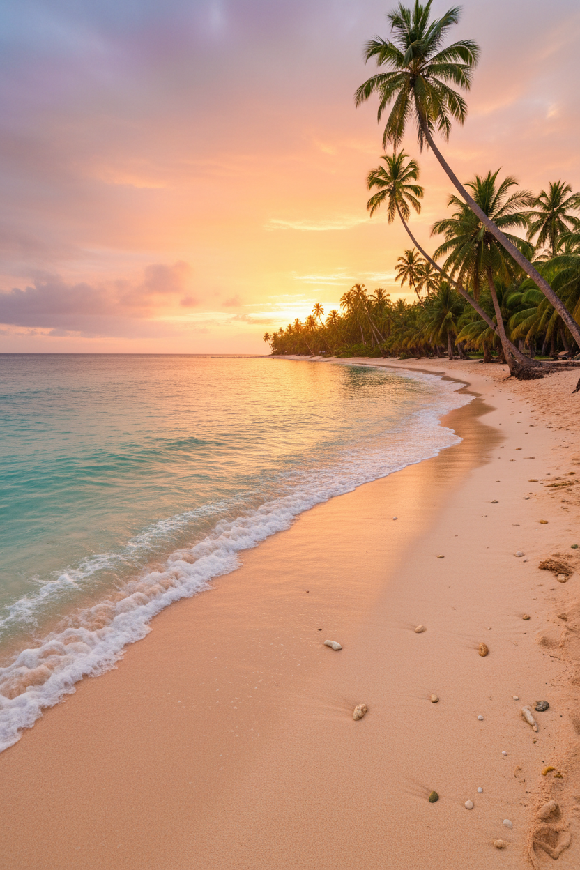 Realistic tropical beach with sand, ocean and palm trees